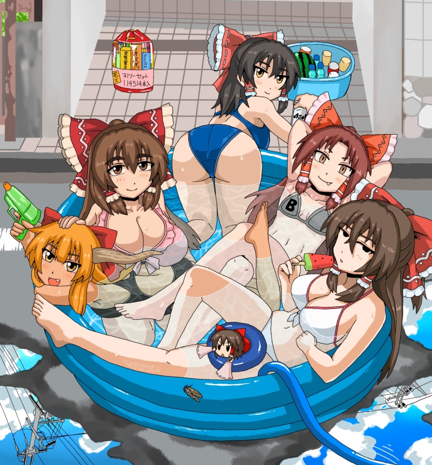 6+girls :d armpits arms_behind_head asahi_breweries ass bathtub beer_can benikurage_(cookie) bikini black_eyes black_hair black_one-piece_swimsuit blue_bikini blue_innertube blush bow breasts brown_eyes brown_hair brown_horns bug can cicada cleavage closed_mouth commentary_request cookie_(touhou) drink_can expressionless fang fang_out flat_chest food frilled_bow frilled_hair_tubes frills frown fruit full_body grey_bikini hair_bow hair_tubes hakurei_reimu hand_on_another&#039;s_head highres holding holding_water_gun horns ibuki_suika insect kanna_(cookie) large_breasts long_hair looking_at_viewer looking_back medium_breasts medium_hair mini_person minigirl multiple_girls one-piece_swimsuit open_mouth pink_bikini popsicle power_lines puddle red_bow reflection reflective_water reu_(cookie) sakenomi_(cookie) sananana_(cookie) sidelocks smile swimsuit tan touhou tsurime_suki wading_pool water water_gun watermelon watermelon_bar white_bikini yamin_(cookie) yellow_eyes