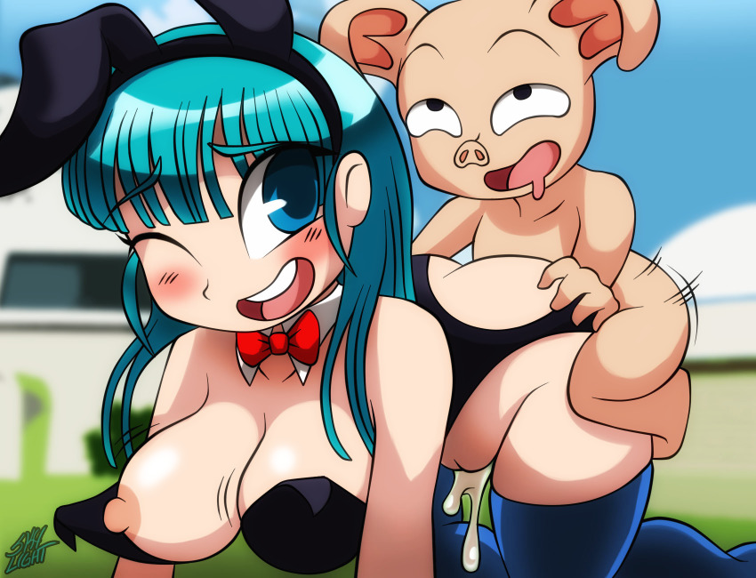 1boy 1girl all_fours ass blue_eyes blush breasts bulma clothed_female_nude_male clothed_sex colored_skin cum cum_in_pussy doggystyle dragon_ball frog_embrace_position grabbing_another&#039;s_ass grabbing_from_behind green_hair groping hetero highres interspecies large_breasts leotard long_hair nude one_eye_closed oolong pig pink_skin playboy_bunny rolling_eyes sex sex_from_behind size_difference skylightdraws vaginal