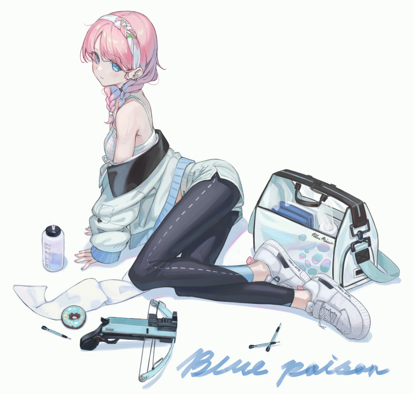 1girl arknights bag bare_shoulders black_pants blue_eyes blue_poison_(arknights) blue_poison_(shoal_beat)_(arknights) blue_shorts blush bow_(weapon) braid camisole character_name crossbow dart donut food hairband highres leggings leggings_under_shorts long_hair long_sleeves looking_at_viewer off_shoulder official_alternate_costume pants pink_hair shoes short_shorts shorts sneakers solo spaghetti_strap twin_braids uito_yzwa weapon white_hairband white_shoes