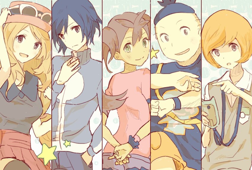 2girls 3boys adjusting_zipper back black_hair black_shirt blonde_hair blue_jacket bob_cut breast_pocket breasts brown_hair calem_(pokemon) cellphone character_print collared_shirt column_lineup dark-skinned_female dark_skin expressionless eyelashes eyewear_on_headwear green_eyes hand_on_headwear highres index_finger_raised jacket long_hair long_sleeves looking_at_viewer looking_back multiple_boys multiple_girls nintendo open_mouth orange_hair phone pink_shirt pleated_skirt pocket pokemon pokemon_xy red_skirt scrunchie serena_(pokemon) shauna_(pokemon) shirt short_hair skirt sleeveless sleeveless_shirt smartphone smile star_(symbol) sunglasses tierno_(pokemon) topknot totpk_(totxyza) trevor_(pokemon) turtleneck turtleneck_jacket twintails undercut vest white-framed_eyewear white_shirt wrist_scrunchie