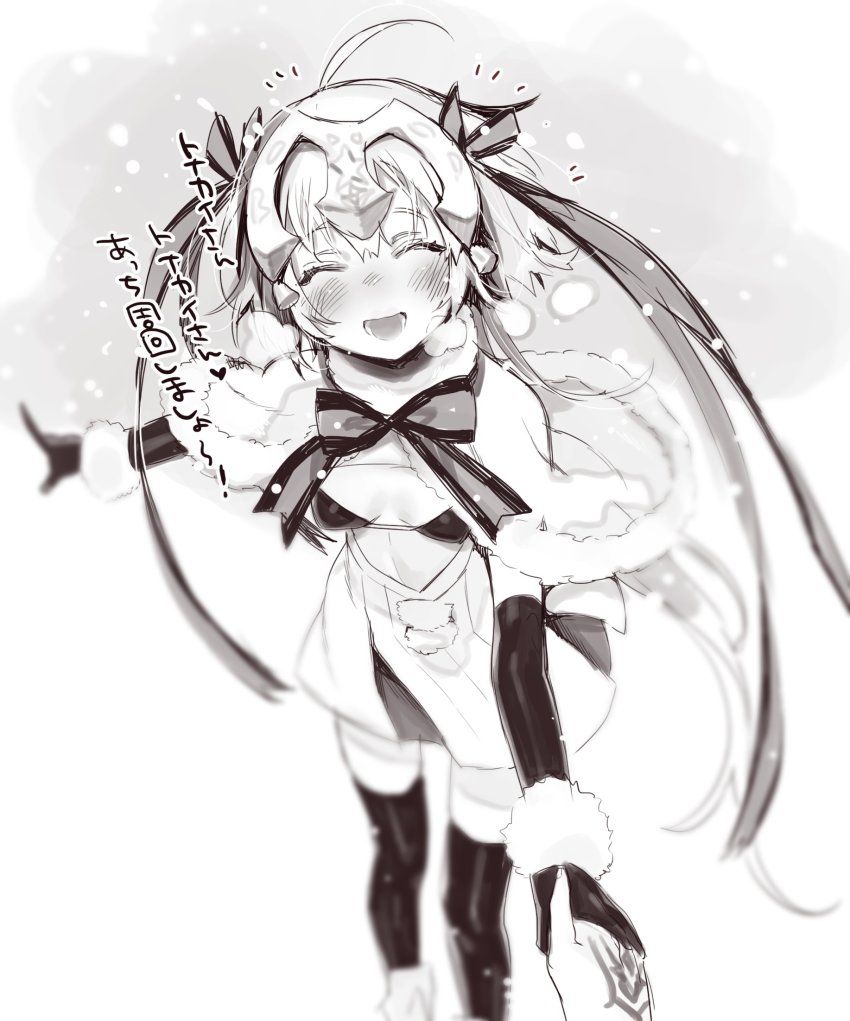 1girl black_gloves black_thighhighs blush elbow_gloves fate/grand_order fate_(series) female_focus gloves greyscale hair_ribbon headpiece highres jeanne_d&#039;arc_(fate) jeanne_d&#039;arc_alter_(fate) jeanne_d&#039;arc_alter_santa_lily_(fate) long_hair looking_at_viewer monochrome nito_(siccarol) open_mouth ribbon smile solo thighhighs