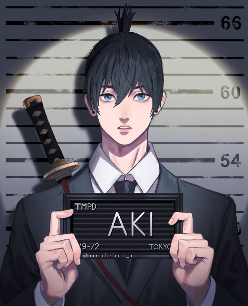 1boy barbie_(franchise) barbie_(live_action) barbie_mugshot_(meme) black_hair black_necktie black_suit blue_eyes chainsaw_man character_name chromatic_aberration commentary_request earrings formal_clothes frown hayakawa_aki height_chart height_mark highres holding holding_sign instagram_username jewelry katana male_focus meme mongolian_commentary monhshur_r mugshot nameplate necktie parody parted_lips shirt sign solo stud_earrings suit sword sword_on_back topknot upper_body weapon weapon_on_back white_shirt