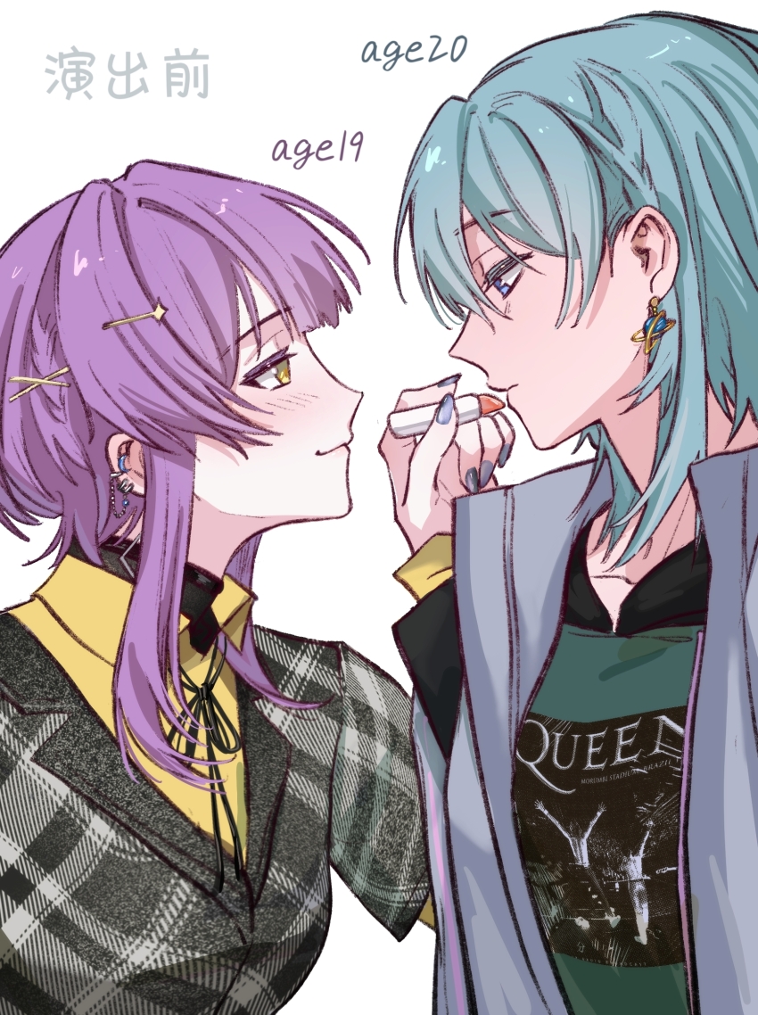 2girls applying_another&#039;s_makeup applying_makeup bang_dream! bang_dream!_it&#039;s_mygo!!!!! black_ribbon black_shirt blue_eyes blue_hair blue_nails blush character_age chinese_commentary chinese_text commentary_request hero45439083942 highres linked_piercing medium_hair multiple_girls nail_polish neck_ribbon original piercing purple_hair queen_(band) ribbon shirt takamatsu_shizuku translation_request wakaba_muna yellow_eyes yellow_shirt