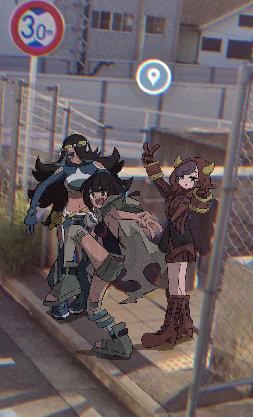 3girls courtney_(pokemon) double_v full_body google_maps google_street_view hair_over_one_eye high_school_girls_posing_for_google_street_view_(meme) highres hood horned_hood horns ida_(idalol490) long_hair looking_at_viewer meme multiple_girls nintendo photo_background pokemon pokemon_oras purple_eyes purple_hair shelly_(pokemon) sidewalk swept_bangs v zinnia_(pokemon)