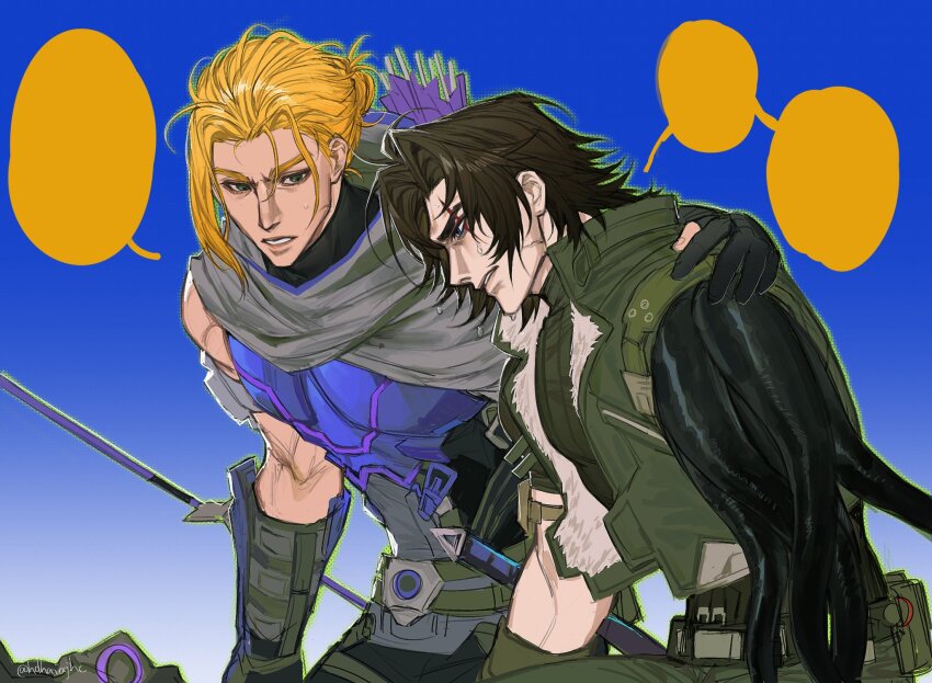 2boys armor arrow_(projectile) belt black_belt black_gloves black_hair black_shirt blonde_hair blue_background blue_eyes bow_(weapon) brown_eyes bucky_barnes clint_barton fingernails fur-trimmed_vest fur_trim gauntlets gloves gradient_background green_pants green_vest grey_scarf hair_bun hand_on_another&#039;s_shoulder hawkeye_(marvel) hdhaiajhc highres lapels looking_afar looking_at_another marvel marvel_rivals multiple_boys muscular muscular_male open_clothes open_vest pants partially_fingerless_gloves purple_armor scar scar_across_eye scar_on_face scarf shirt short_hair sidelocks simple_background single_bare_shoulder sleeveless sleeveless_shirt speech_bubble superhero_costume sweat teeth tentacles v-shaped_eyebrows vest weapon winter_soldier