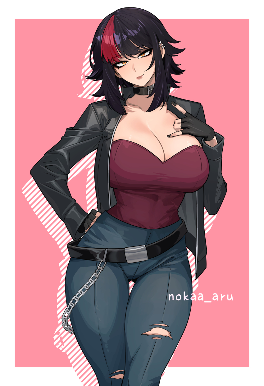 1girl \n/ absurdres belt belt_collar black_belt black_eyeliner black_gloves black_hair black_jacket black_nails blue_pants border breasts chain cleavage collar commentary commission denim ear_piercing english_commentary eyeliner feet_out_of_frame fingerless_gloves gloves gluteal_fold hand_on_own_chest hand_on_own_hip highres jacket jeans large_breasts leather leather_jacket light_smile long_sleeves looking_at_viewer makeup medium_hair multicolored_hair nail_polish nokaa_aru open_clothes open_jacket original outside_border pants parted_lips piercing pink_background red_hair red_shirt red_streaks shirt solo standing thigh_gap torn_clothes torn_pants twitter_username two-tone_hair very_long_fingernails white_border yellow_eyes