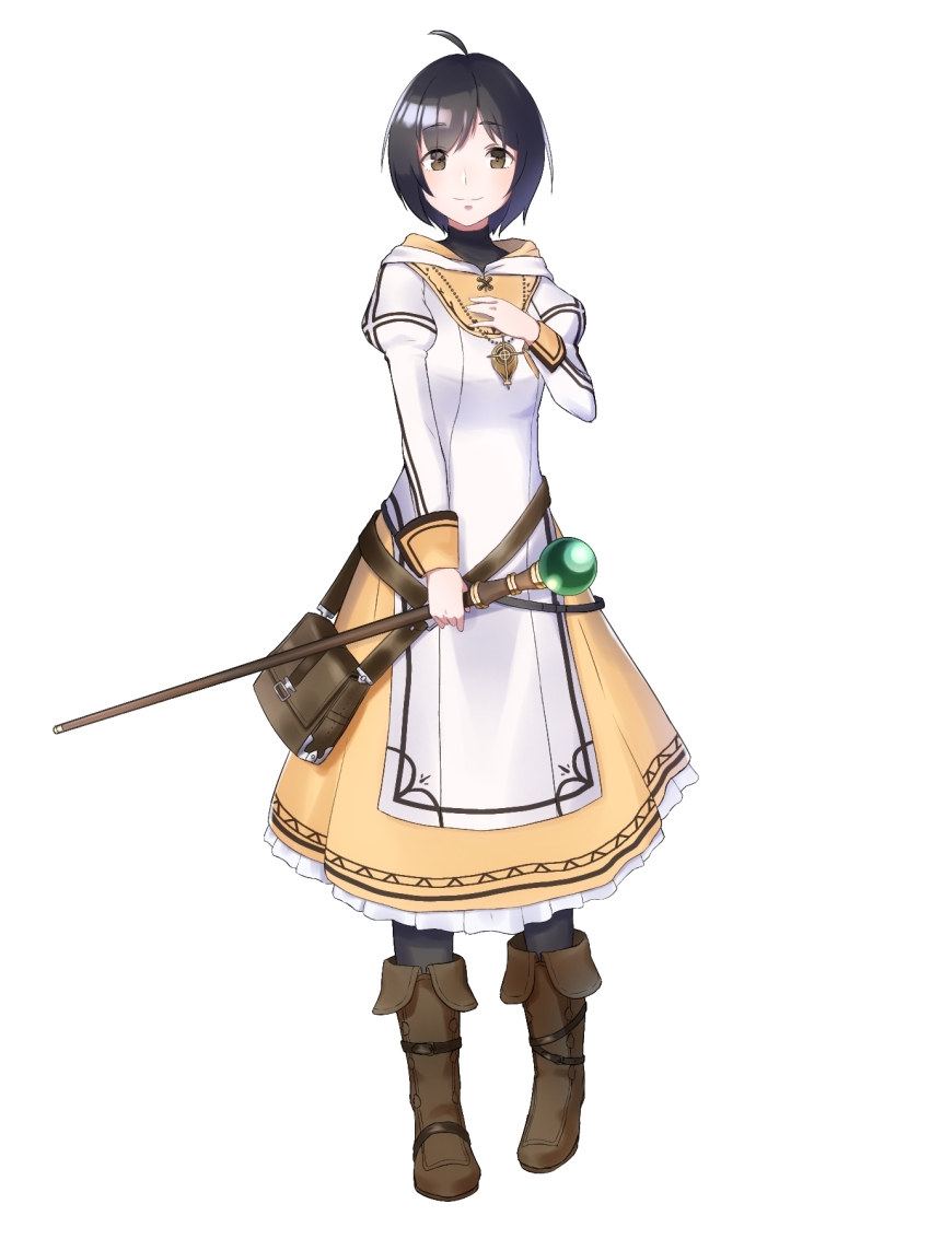1girl ahoge bag belt black_hair boots brown_eyes dress female_focus fire_emblem fire_emblem:_radiant_dawn full_body highres jewelry laura_(fire_emblem) necklace nintendo ruis_bacon simple_background solo staff thighhighs white_background