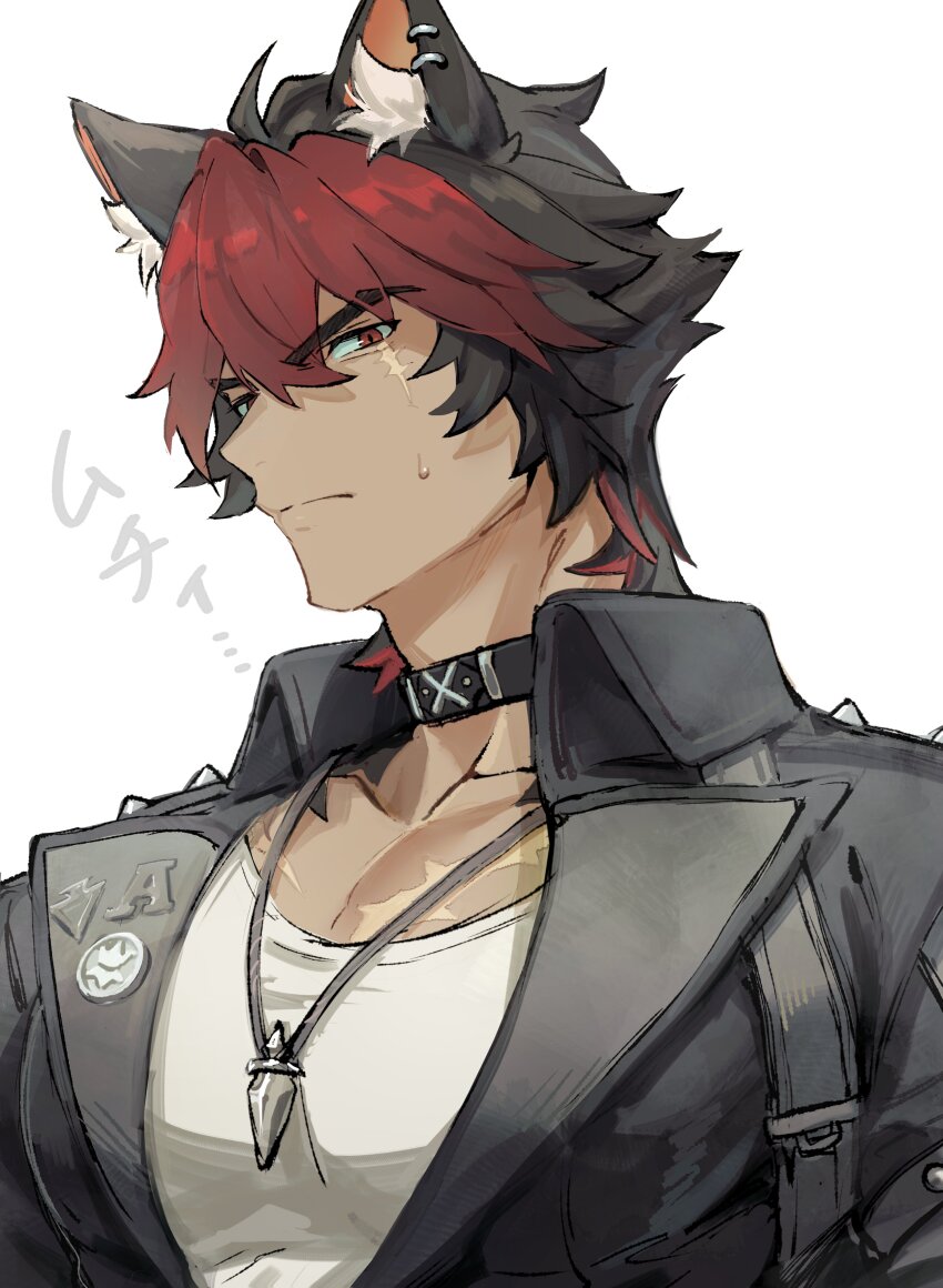 1boy absurdres ahoge animal_ear_fluff animal_ear_piercing animal_ears black_collar black_hair black_jacket closed_mouth collar collarbone collared_jacket commentary ear_piercing english_commentary frown hair_between_eyes highres jacket jewelry komano_manato_(zzz) lapels large_pectorals leather leather_jacket looking_at_viewer male_focus multicolored_hair necklace okonon_(kado_colda) pectorals piercing red_hair scar scar_across_eye scar_on_chest scar_on_face serious shirt short_hair simple_background solo split_mouth sweatdrop translation_request two-tone_hair upper_body v-shaped_eyebrows white_background white_shirt wolf_ears zenless_zone_zero