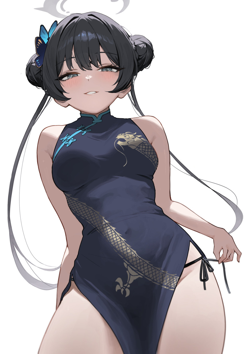 1girl absurdres bare_arms black_dress blue_archive breasts butterfly_hair_ornament china_dress chinese_clothes commentary_request covered_navel double_bun dress grey_eyes grey_halo grin hair_bun hair_ornament halo harui_(huruyi_817) highres kisaki_(blue_archive) long_hair medium_breasts pelvic_curtain smile solo tight_clothes tight_dress twintails very_long_hair