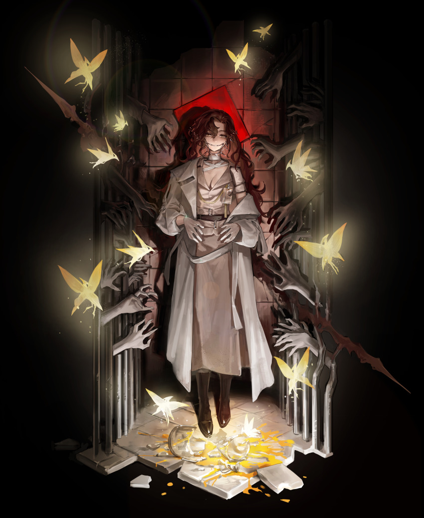 1girl absurdres bandaged_neck bandages bars black_background boots braces breasts brick_wall broken_bottle broken_glass brown_boots brown_dress brown_eyes brown_hair cleavage coat creature curly_hair disembodied_hand dress fairy faux_figurine full_body glass gloves glowing grey_coat highres iron_bars long_dress long_hair nell_ro reverse:1999 shadow shirt single_off_shoulder solo standing teeth tooth_fairy_(reverse:1999) white_gloves white_shirt yellow_liquid