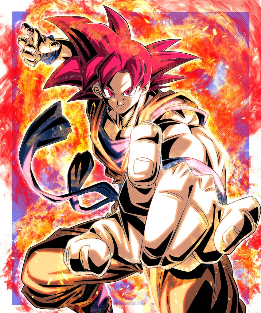 1boy absurdres aura blue_shirt dougi dragon_ball dragon_ball_super dragon_ball_z dragon_ball_z_kami_to_kami fighting_stance highres injury medium_hair muscular muscular_male orange_pants orange_shirt pants red_eyes red_hair sekitsuki_hayato shirt smile solo son_goku spiky super_saiyan super_saiyan_god teeth torn_clothes torn_shirt upper_body
