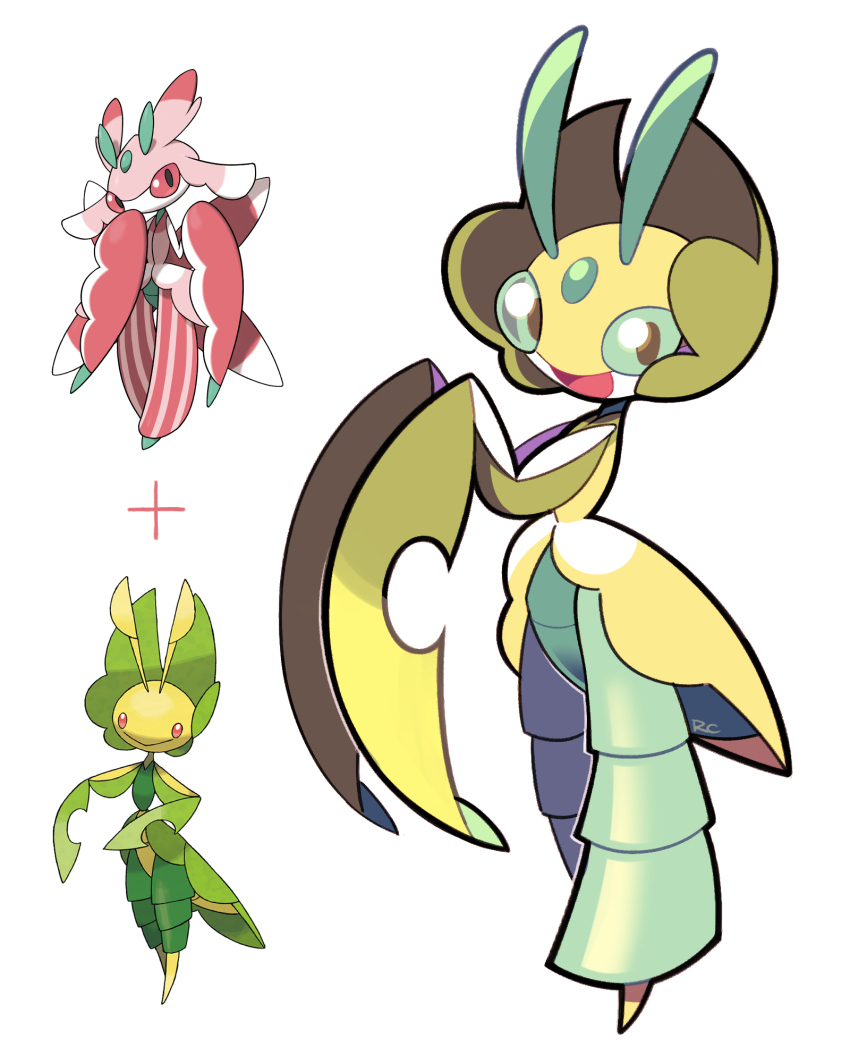 :d artsy-rc commentary creatures_(company) english_commentary fusion game_freak gen_5_pokemon gen_7_pokemon highres leavanny looking_at_viewer lurantis nintendo no_humans official_art_inset open_mouth pokemon pokemon_(creature) reference_inset signature smile standing white_background