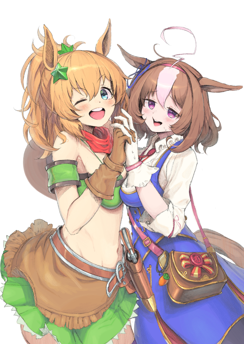 :d ;d @_@ absurdres ahoge animal_ears armband bandeau blue_ribbon bow breast_press breasts brown_bag brown_gloves brown_hair cowboy_hat ear_ribbon gloves green_armband green_bandeau gun hair_between_eyes hair_ornament hairband handgun hat hat_on_back highres holstered horse_ears horse_girl horse_tail large_breasts long_sleeves meisho_doto_(umamusume) multicolored_hair one_eye_closed open_mouth pink_hairband ponytail purple_eyes revolver ribbon shirt simple_background smile star_(symbol) star_hair_ornament symmetrical_docking taiki_shuttle_(umamusume) tail tsujiya_okuyasu two-tone_hair umamusume weapon white_background white_hair white_shirt