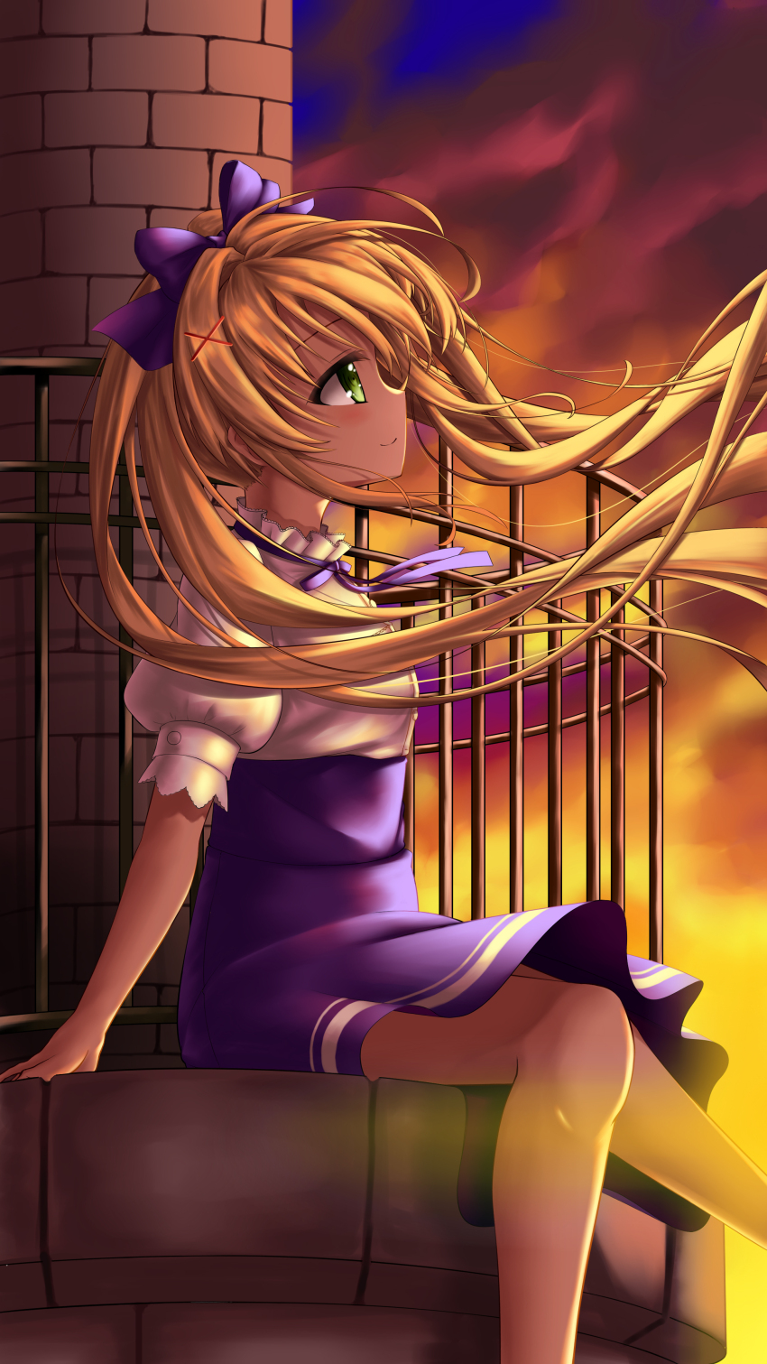 1girl absurdres blonde_hair blue_bow blue_ribbon blue_skirt blush bow chinese_commentary closed_mouth commentary_request eyebrows_hidden_by_hair feet_out_of_frame floating_clothes floating_hair from_side green_eyes hair_between_eyes hair_bow hair_intakes hair_ornament high-waist_skirt highres knees_together_feet_apart lighthouse long_hair looking_ahead neck_ribbon official_alternate_costume orange_sky outdoors profile puffy_short_sleeves puffy_sleeves ribbon ringed_eyes shirt short_sleeves sitting skirt sky smile solo split_mouth summer_pockets sunset tsumugi_wenders twintails ultra258 very_long_hair white_shirt wind x_hair_ornament