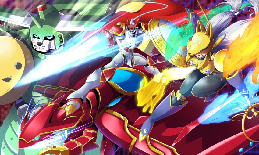 armor digimon digimon_(creature) digimon_tamers dukemon fox_mask grani_(digimon) long_hair mask saintgalgomon sakuyamon yin_yang