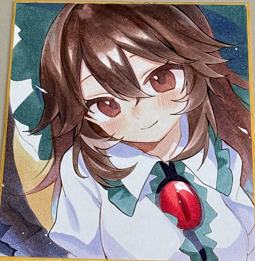 1girl blush brown_eyes brown_hair closed_mouth collared_shirt highres long_hair moni_monico reiuji_utsuho shirt smile solo touhou traditional_media white_shirt