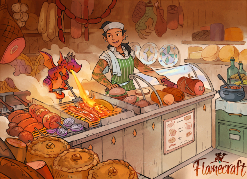 1girl apron arm_tattoo black_hair breath_weapon breathing_fire butcherboy cauldron cheese cheese_wheel claws commentary cooking copyright_name display_case dragon earrings english_commentary eyebrow_piercing fire food garlic green_apron grill grilling ham hat holding holding_food holding_knife holding_spatula horns indoors jewelry knife linked_sausages looking_at_another meat_pie medium_hair mini_wings monster_hands multiple_horns onion original piercing plate red_scales salami sandara sandwich severed_hand shelf shirt shish_kebab shop sign skewer slice_of_life small_dragon smile spatula standing stew striped_apron striped_clothes tail tattoo towel_on_one_shoulder vertical-striped_apron vertical-striped_clothes white_hat white_shirt wings