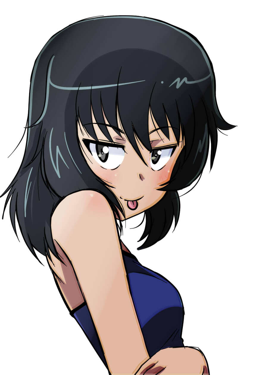 1girl alternate_costume andou_(girls_und_panzer) arm_under_breasts bare_shoulders black_eyes black_hair blue_camisole breasts camisole dark-skinned_female dark_skin girls_und_panzer highres shirt sleeveless sleeveless_shirt smile tongue tongue_out wakku_kan