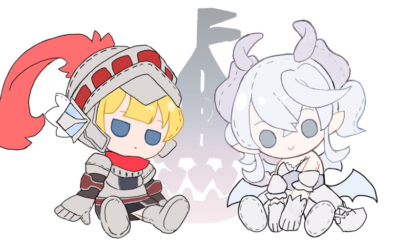 armor bare_shoulders blonde_hair dress full_body gekokani grey_hair helmet highres knight_(yu-gi-oh!) lovely_labrynth_of_the_silver_castle object_focus simple_background stuffed_toy white_background white_dress yu-gi-oh!