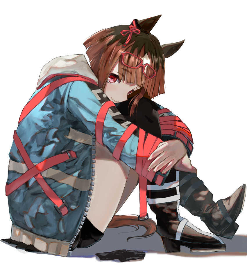 1girl absurdres animal_ears black_boots black_gloves black_thighhighs blue_jacket boots bow brown_hair closed_mouth commentary ear_ribbon eyewear_on_head from_side glasses gloves highres hood hood_down horse_ears horse_girl horse_tail hugging_own_legs jacket knees_up no_uwazumi on_floor open_clothes open_jacket red-framed_eyewear red_eyes red_ribbon ribbon short_hair simple_background sitting smile solo tail thighhighs transcend_(umamusume) umamusume unworn_gloves white_background