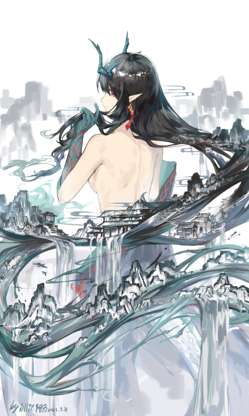 1girl absurdres allieali arknights bare_arms bare_back bare_shoulders black_hair chinese_commentary closed_mouth colored_extremities commentary_request dated dragon_girl dragon_horns dusk_(arknights) earrings floating_hair from_behind highres horns jewelry long_hair looking_at_viewer looking_back median_furrow pointy_ears profile red_eyes simple_bird solo surreal turning_head very_long_hair