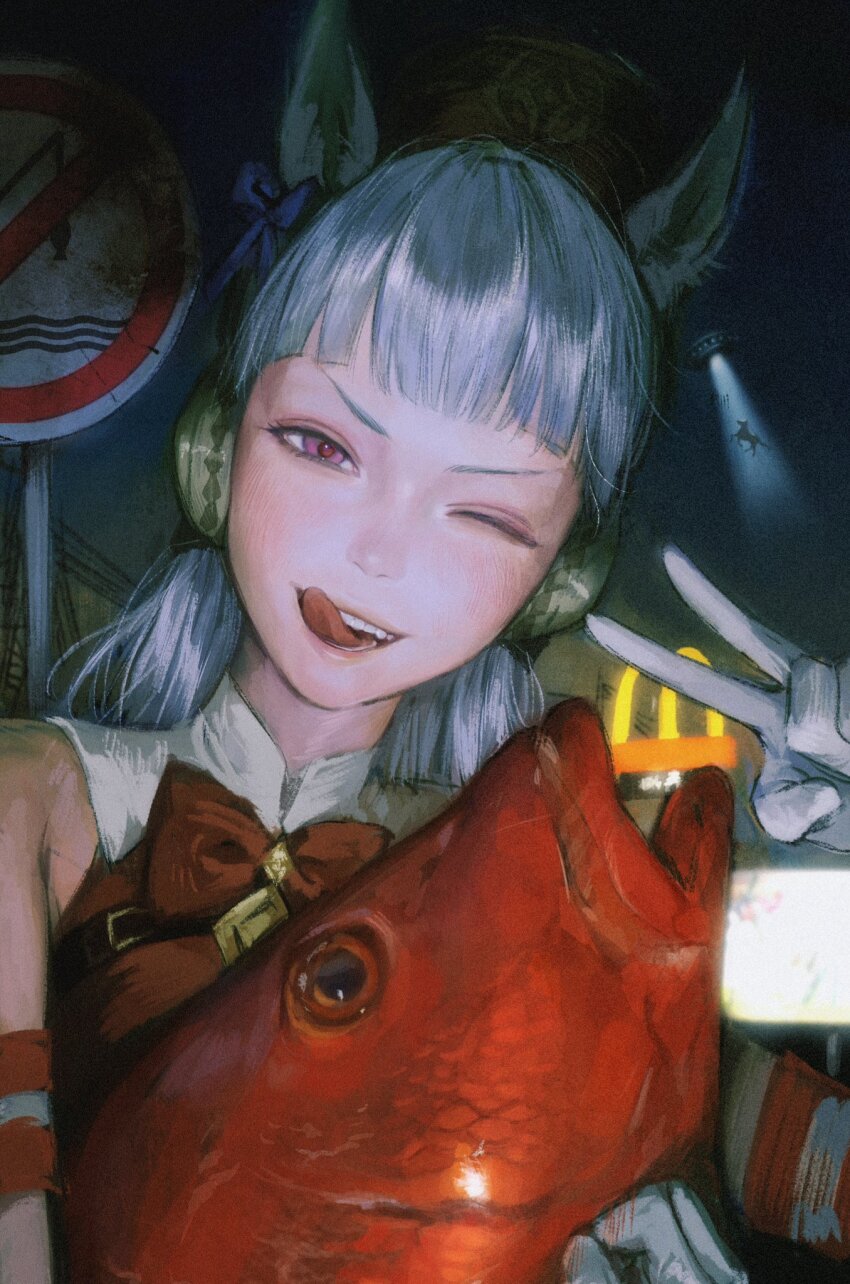 animal animal_ears arm_strap blue_ribbon blunt_bangs bow collared_dress dress ear_ribbon earmuffs fish fish_request gloves gold_ship_(umamusume) grey_hair hand_up hat highres holding holding_animal holding_fish horse horse_ears horse_girl licking_lips long_hair mcdonald&#039;s one_eye_closed pink_eyes red_dress red_hat ribbon seapall sleeveless sleeveless_dress tongue tongue_out ufo umamusume v white_gloves