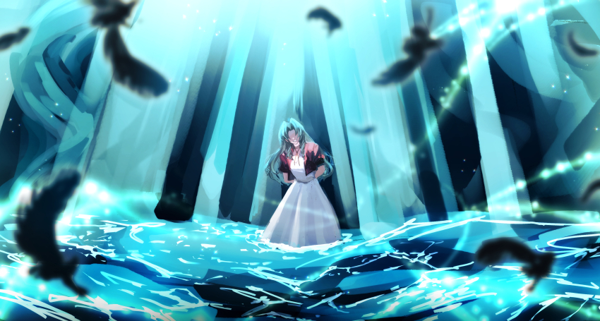 1girl absurdres aerith_gainsborough arms_behind_back black_feathers brown_hair choker cropped_jacket dress falling_feathers feathers final_fantasy final_fantasy_vii final_fantasy_vii_rebirth final_fantasy_vii_remake highres jacket lake long_dress long_hair overhead_lights parted_bangs parted_lips partially_submerged pink_dress red_jacket ribbon_choker short_sleeves sidelocks smile solo teeth wavy_hair zakkuchan