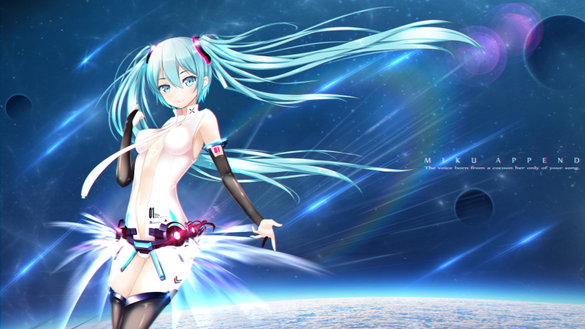 1girl arm_tattoo black_thighhighs blue_eyes blue_hair breasts center_opening clenched_hand closed_mouth eyelashes hair_between_eyes hatsune_miku hatsune_miku_(append) highres hip_gear large_breasts leg_tattoo lens_flare long_hair looking_at_viewer necktie number_tattoo smile solo space tattoo thighhighs twintails vocaloid vocaloid_append white_necktie yoshimo_(yoshiki_qaws)