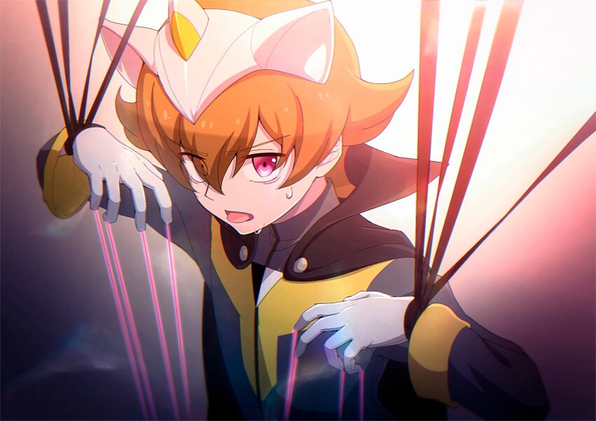 1boy atltax_00 bound bound_wrists brown_hair coat dappled_sunlight eyes_visible_through_hair facing_to_the_side gloves gradient_background grey_coat grey_jacket highres jacket light_particles looking_to_the_side male_focus outstretched_arms popped_collar puppet_strings shirt smoke string string_around_finger string_of_fate sunlight suspension sweatdrop tongue tongue_out white_background white_gloves white_shirt yellow_trim yu-gi-oh! yu-gi-oh!_sevens yuoh_goha