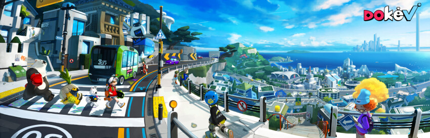 baseball_cap beanie building city cloud creature crosswalk dokev english_text guard_rail hat helmet jacket key_visual landscape letme motor_vehicle multiple_girls ocean official_art panorama promotional_art red_jacket road shoes sign skateboard sky sneakers stairs street tree walking white_hat