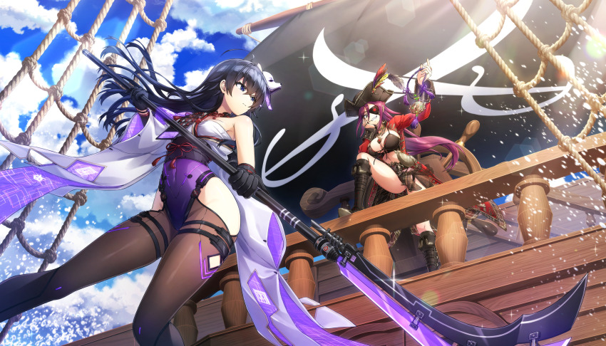 2girls black_hair bodysuit breasts dolphin_wave game_cg grey_eyes hagane_otsuki hat highres hip_vent holding holding_polearm holding_weapon impossible_bodysuit impossible_clothes jolly_roger kurenashi_yuuri long_hair multiple_girls non-web_source official_art ootomo_takuji pirate pirate_costume pirate_hat pirate_ship polearm ponytail purple_hair sail sailing_ship sharp_teeth ship ship&#039;s_wheel small_breasts tasuki teeth watercraft weapon