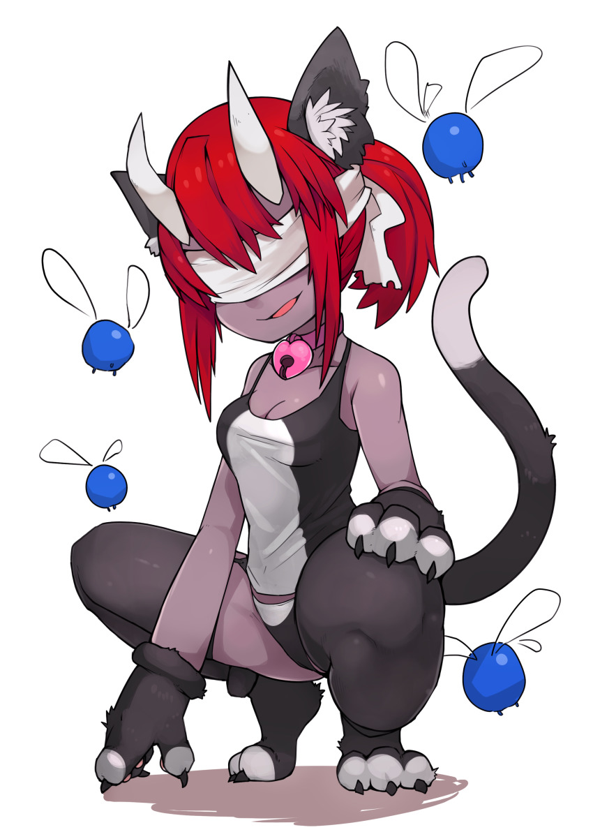 1girl absurdres animal_costume animal_ear_fluff animal_ears animal_hands blind blindfold blue_fly_(the_binding_of_isaac) cat_costume cat_ears cat_tail commentary cosplay dark-skinned_female dark_skin demon_girl english_commentary gloves guppy_(the_binding_of_isaac) guppy_(the_binding_of_isaac)_(cosplay) highres horns lilith_(the_binding_of_isaac) long_hair paw_gloves paw_shoes red_hair shoes simple_background solo tail the_binding_of_isaac white_background yellowparrot