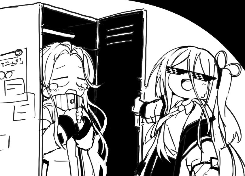 2girls aris_(blue_archive) blue_archive cabinet highres jacket long_hair monochrome multiple_girls odayaka paper school_uniform shirt side_ponytail sunglasses tears twitter white_shirt yuzu_(blue_archive)