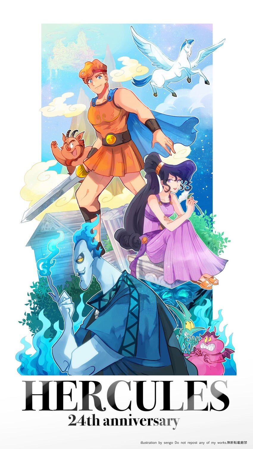 1girl 6+boys airagency1005 ancient_greek_clothes animification bare_shoulders blue_eyes brown_hair dress eyeshadow greco-roman_clothes hades_(disney) hercules_(1997_movie) hercules_(disney) highres long_hair looking_at_viewer makeup megara_(disney) multiple_boys pain_(disney) panic_(disney) pegasus_(disney) philoctetes ponytail purple_dress purple_eyes short_hair sleeveless smile