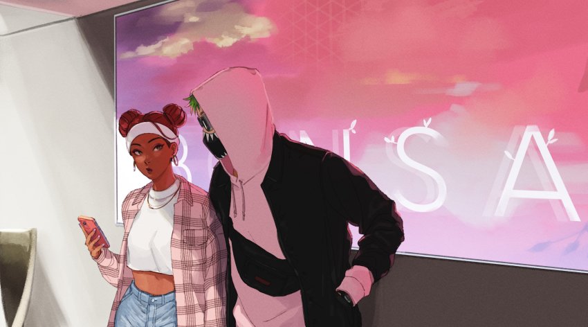 1boy 1girl 2gou absurdres alternate_costume apex_legends black_jacket cellphone crop_top dark-skinned_female dark_skin denim double_bun fanny_pack fashion goggles green_hair hair_behind_ear hair_bun headband highres holding holding_phone hood hood_up hoodie jacket jeans lifeline_(apex_legends) looking_down looking_to_the_side midriff navel octane_(apex_legends) pants phone puckered_lips red_hair shirt smartphone streetwear white_headband white_hoodie white_shirt