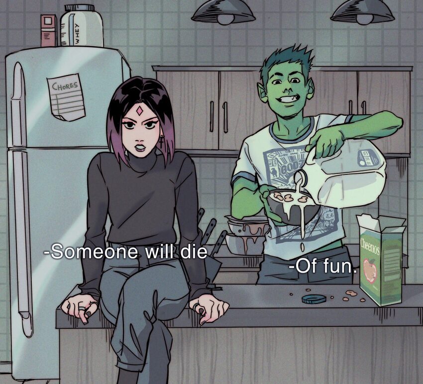 1boy 1girl beast_boy_(dc) black_eyes cereal colored_skin couple dc_comics english_text gabriel_picolo gabriel_picolo_(artist) green_hair green_skin happy looking_at_viewer milk pointy_ears purple_hair purple_lips raven_(dc) serious smile teen_titans