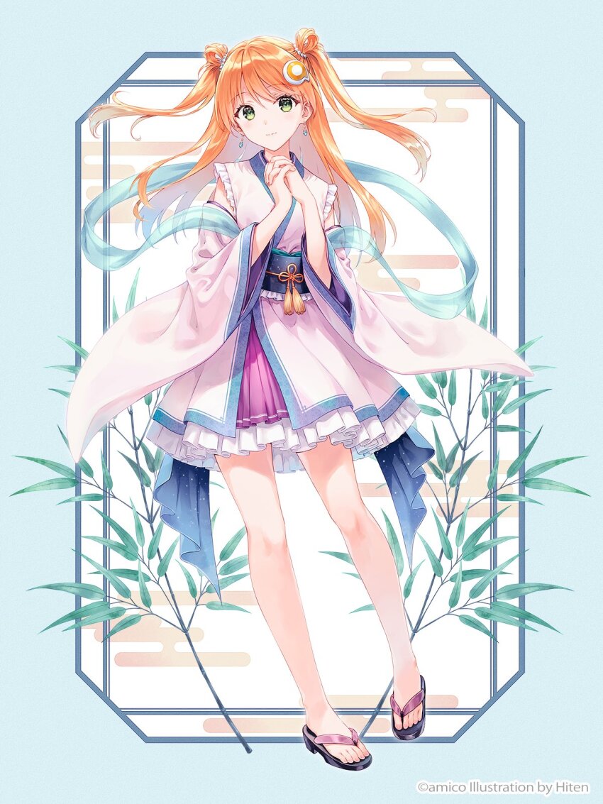 1girl amiami_(company) amico artist_name bare_legs blue_background blush closed_mouth colored_inner_hair detached_sleeves earrings eyelashes feet floating_earrings frilled_kimono frills full_body green_eyes grey_hair hair_ornament hands_up highres hiten_(hitenkei) japanese_clothes jewelry kimono logo_hair_ornament long_sleeves looking_at_viewer multicolored_hair obi obijime official_art orange_hair own_hands_together pink_kimono plant sandals sash second-party_source short_kimono smile solo standing standing_on_one_leg toenails two_side_up wide_sleeves zouri