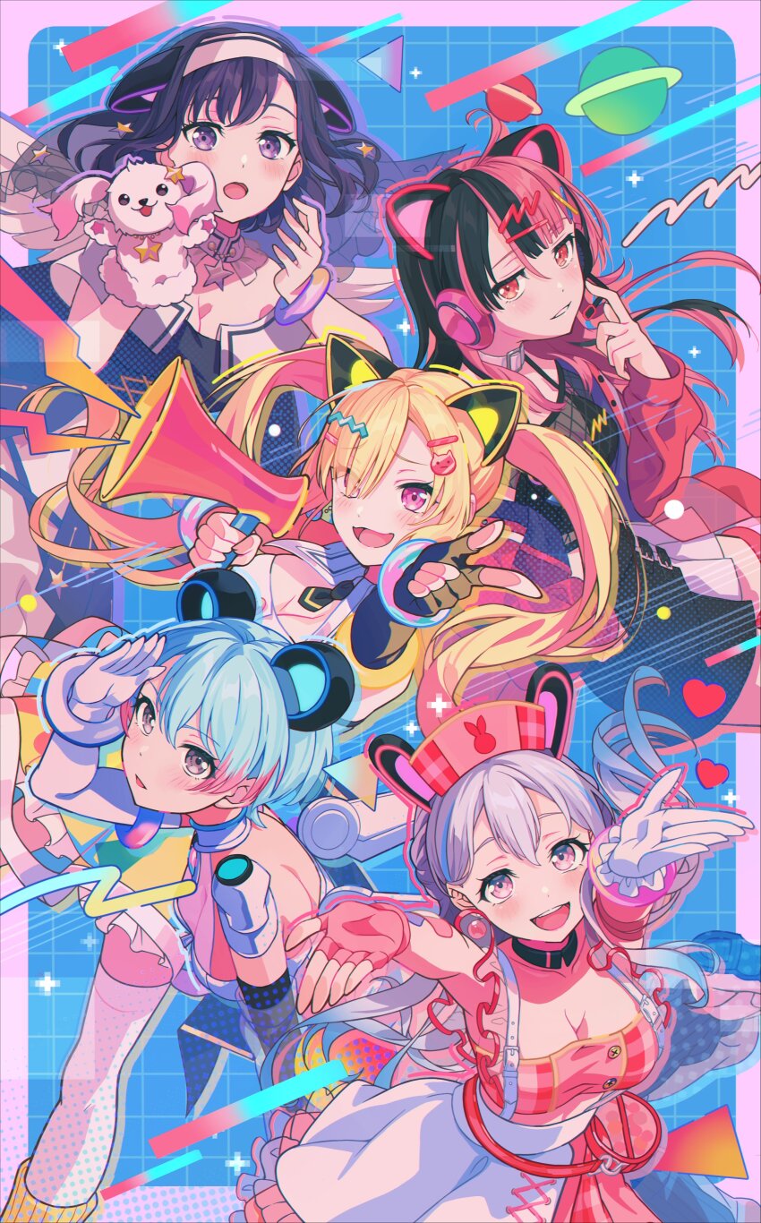 5girls :o absurdres ahoge animal_ears bang_dream! bang_dream!_mugendai_mewtype black_hair blonde_hair blue_hair blue_thighhighs blush breasts detached_sleeves double_bun dress earrings fake_animal_ears fuji_miyako gloves hair_bun hair_ornament hairband highres jacket jewelry long_hair looking_at_viewer minetsuki_ritsu miyanaga_nonoka multicolored_hair multiple_girls nakamachi_arale nobusawa_osamu official_art open_mouth pink_hair pink_jacket purple_eyes purple_hair ring see-through_clothes see-through_dress see-through_sleeves sengoku_yuno short_hair smile solo star_(symbol) teeth thighhighs twintails v virtual_youtuber white_gloves white_hairband