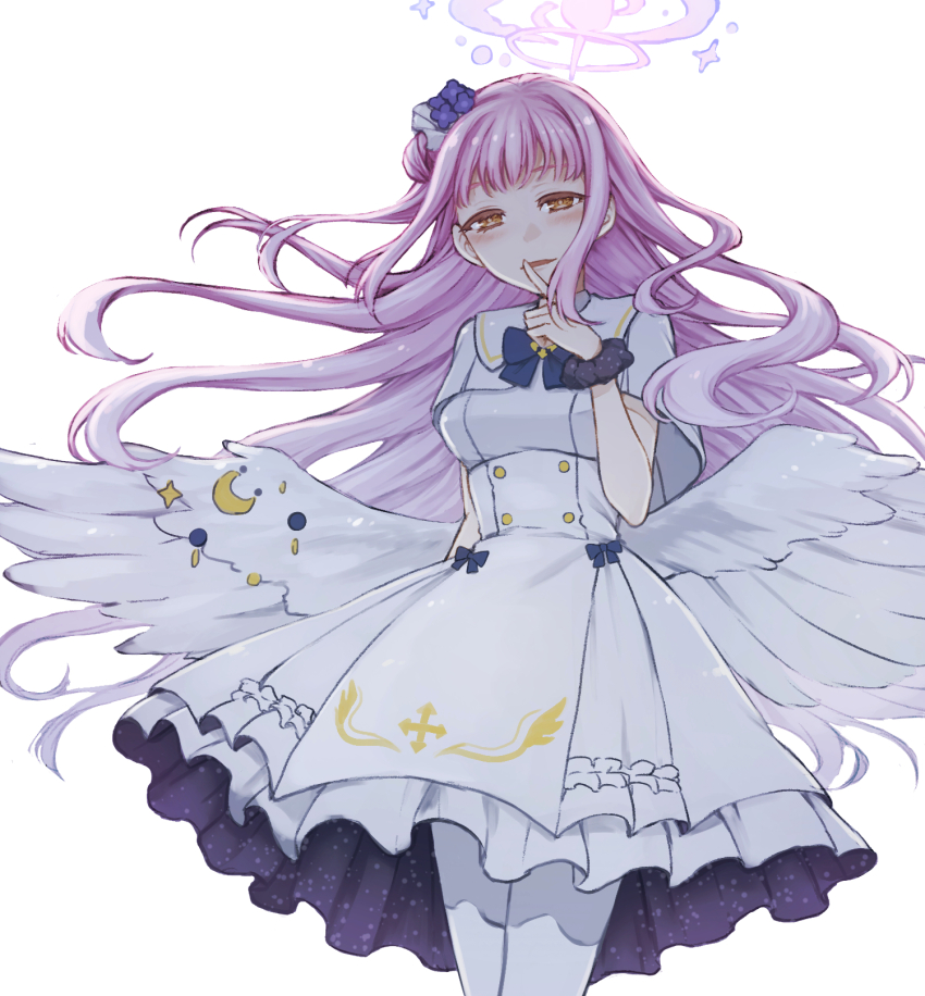 1girl angel_wings blue_archive dress feathered_wings finger_to_mouth halo haruhito_(divineshalt) highres long_hair looking_at_viewer low_wings mika_(blue_archive) pantyhose shushing solo white_dress white_pantyhose white_wings wings