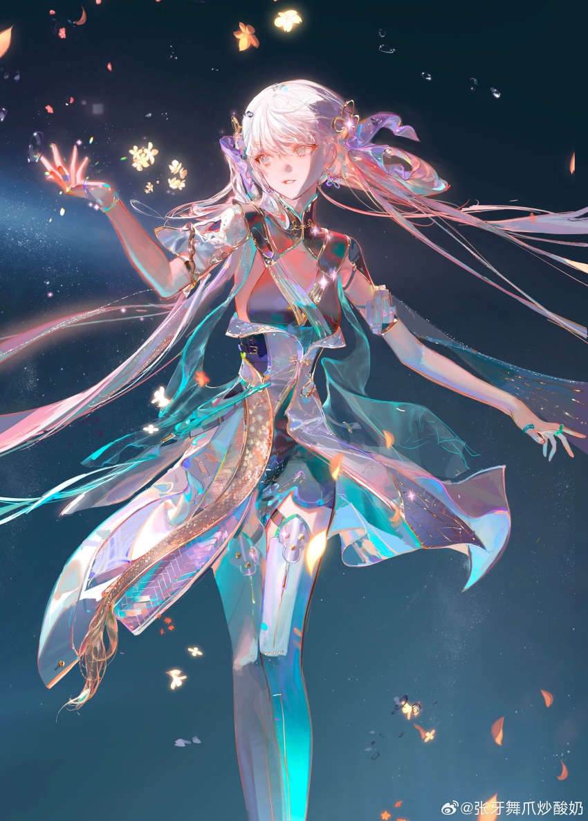 1girl absurdres boots chinese_commentary chromatic_aberration commentary_request dress feet_out_of_frame flower glowing_flower grey_eyes hair_ribbon highres iridescent jinhsi_(wuthering_waves) light_particles long_hair looking_to_the_side mole mole_on_cheek nebula night night_sky outstretched_arms parted_lips print_dress ribbon scale_print sky smile solo sparks star_(sky) thigh_boots very_long_hair watermark weibo_watermark white_hair wuthering_waves yangming_li_wan_dianfen_chang