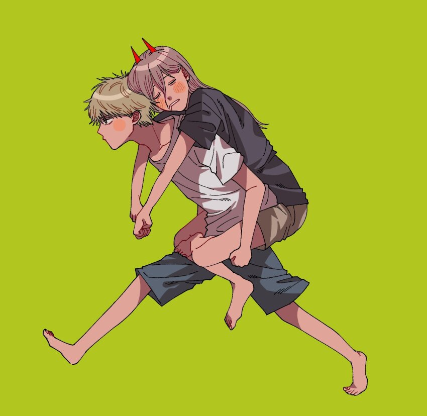 1boy 1girl barefoot black_shirt blue_shorts blush_stickers brown_hair brown_shorts carrying chainsaw_man closed_eyes commentary_request denji_(chainsaw_man) green_background hair_between_eyes highres horns llq9ull piggyback power_(chainsaw_man) power_lines red_horns shirt shorts t-shirt white_shirt