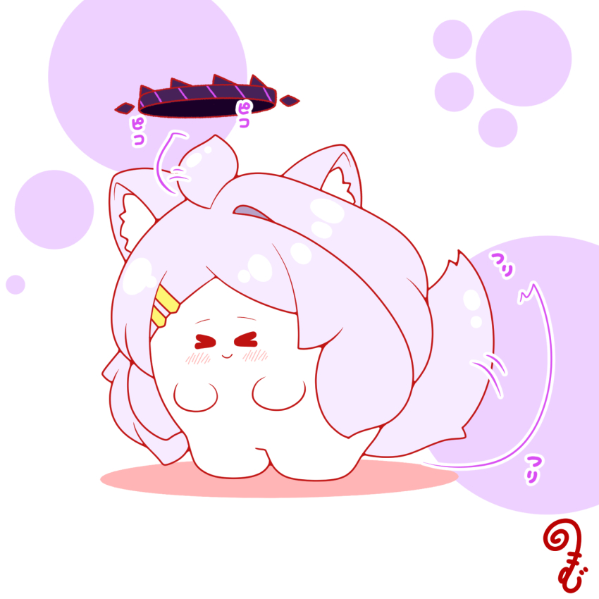 &gt;_&lt; afterimage ahoge ahoge_wag animal_ear_fluff animal_ears blue_archive blush chibi closed_eyes closed_mouth colored_shadow expressive_hair full_body grey_hair hair_ornament hairclip halo highres hina_(blue_archive) horns kemonomimi_mode kurukurumagical leaning_forward long_hair parted_bangs shadow simple_background single_hair_intake smile solo standing tail tail_wagging very_long_hair white_background