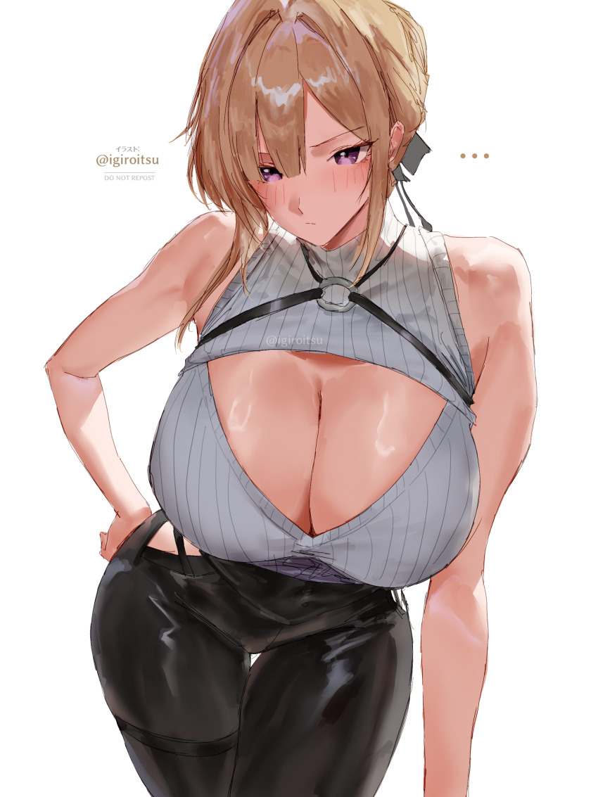 1girl absurdres bare_shoulders black_pants blonde_hair blush breasts chest_harness cleavage cleavage_cutout closed_mouth clothing_cutout evelyn_chevalier hair_up hand_on_own_hip harness highres huge_breasts igiroitsu latex_pants looking_at_viewer meme_attire open-chest_sweater pants purple_eyes shirt short_hair sleeveless sleeveless_sweater solo sweater tight_clothes tight_pants uneven_bangs white_shirt zenless_zone_zero