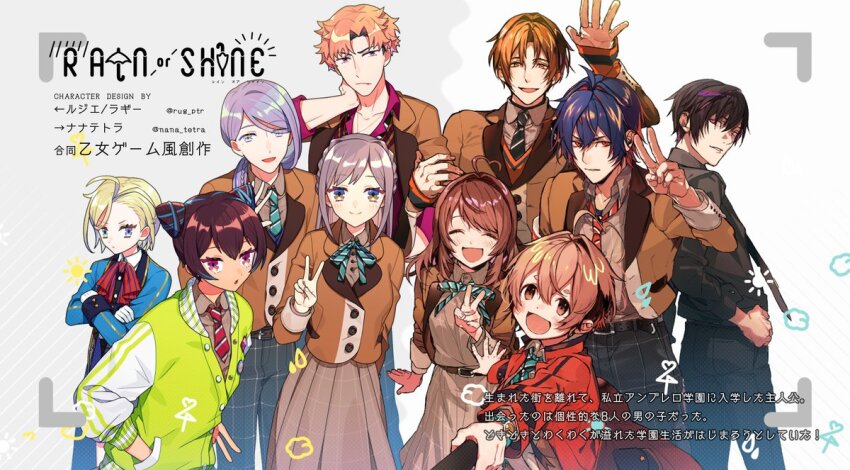 2girls 6+boys ahoge androgynous aqua_necktie aqua_ribbon asaichi_tomoharu belt black_hair black_necktie black_pants blonde_hair blue_eyes blue_hair blue_jacket blush brown_belt brown_dress brown_eyes brown_hair brown_shirt brown_skirt character_request checkered_clothes checkered_dress checkered_pants checkered_skirt closed_eyes closed_mouth collarbone commentary_request copyright_name cowboy_shot crossed_arms dark-skinned_male dark_skin diagonal-striped_clothes diagonal-striped_necktie diagonal-striped_ribbon double_bun dress enatsu_shinya fang fang_out fuyuwa_mahiru fuzimura_sasame gloves gradient_eyes green_jacket grey_pants grey_shirt hair_between_eyes hair_bun hair_ornament hair_over_one_eye hair_ribbon hand_in_pocket heart heart_ahoge high_five holding_another&#039;s_arm jacket kamil_pachelbel_akimizu looking_at_viewer medium_hair multicolored_eyes multiple_boys multiple_girls nana_tetra neck_ribbon necktie open_clothes open_jacket open_mouth orange_eyes orange_hair orange_jacket orange_necktie orange_vest pants parted_lips pink_eyes pink_shirt purple_eyes purple_hair puteru rain_or_shine red_eyes red_jacket red_necktie ribbon selfie selfie_stick shirt shishijo_lui short_hair skirt smile striped_clothes teeth translation_request trap tsukimaru_nagi twitter_username two-tone_eyes upper_body v vest watch white_background white_gloves wristwatch yugure_akitaka