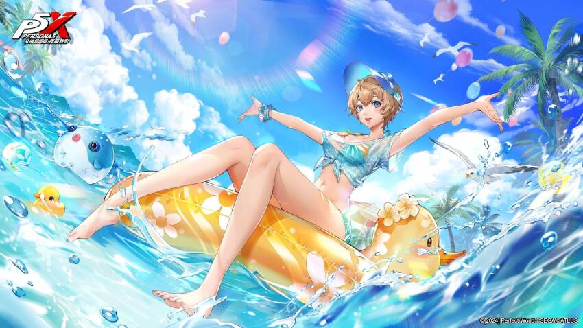 1girl arai_motoha artist_request barefoot bird blonde_hair blue_eyes blue_sky breasts cloud copyright_name day duck_innertube hair_between_eyes highres innertube looking_at_viewer medium_breasts navel official_alternate_costume official_art open_mouth outdoors palm_tree persona persona_5 persona_5:_the_phantom_x rubber_duck seagull short_hair sitting sky smile solo stomach sunlight swim_ring swimsuit third-party_source tree water