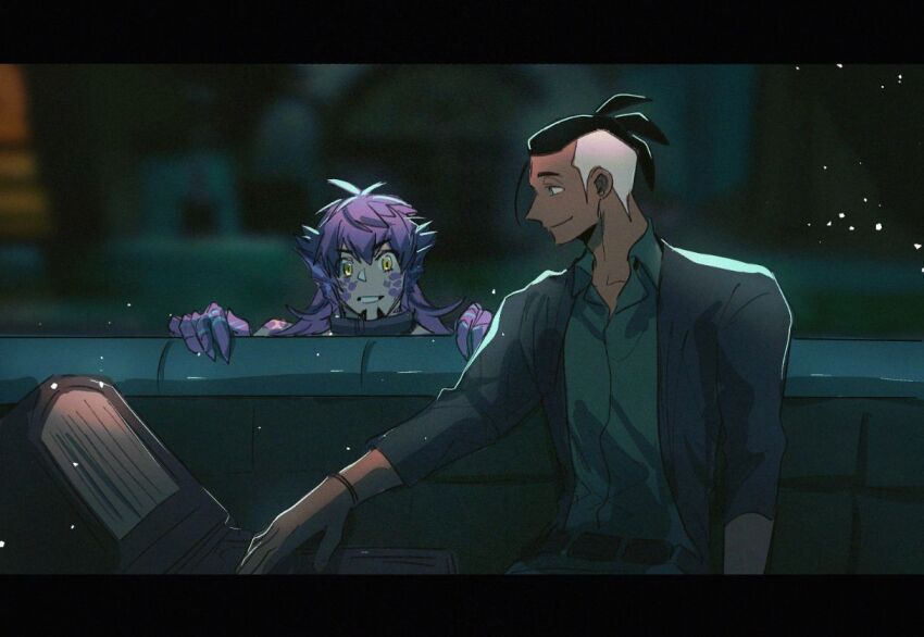 2boys belt black_hair blurry blurry_background chiyo_(miichiyochin) colored_extremities fins fish_boy head_fins leon_(pokemon) letterboxed light_particles male_focus monster_boy multiple_boys nintendo parted_lips pokemon pokemon_swsh purple_hair raihan_(pokemon) scales short_hair the_shape_of_water