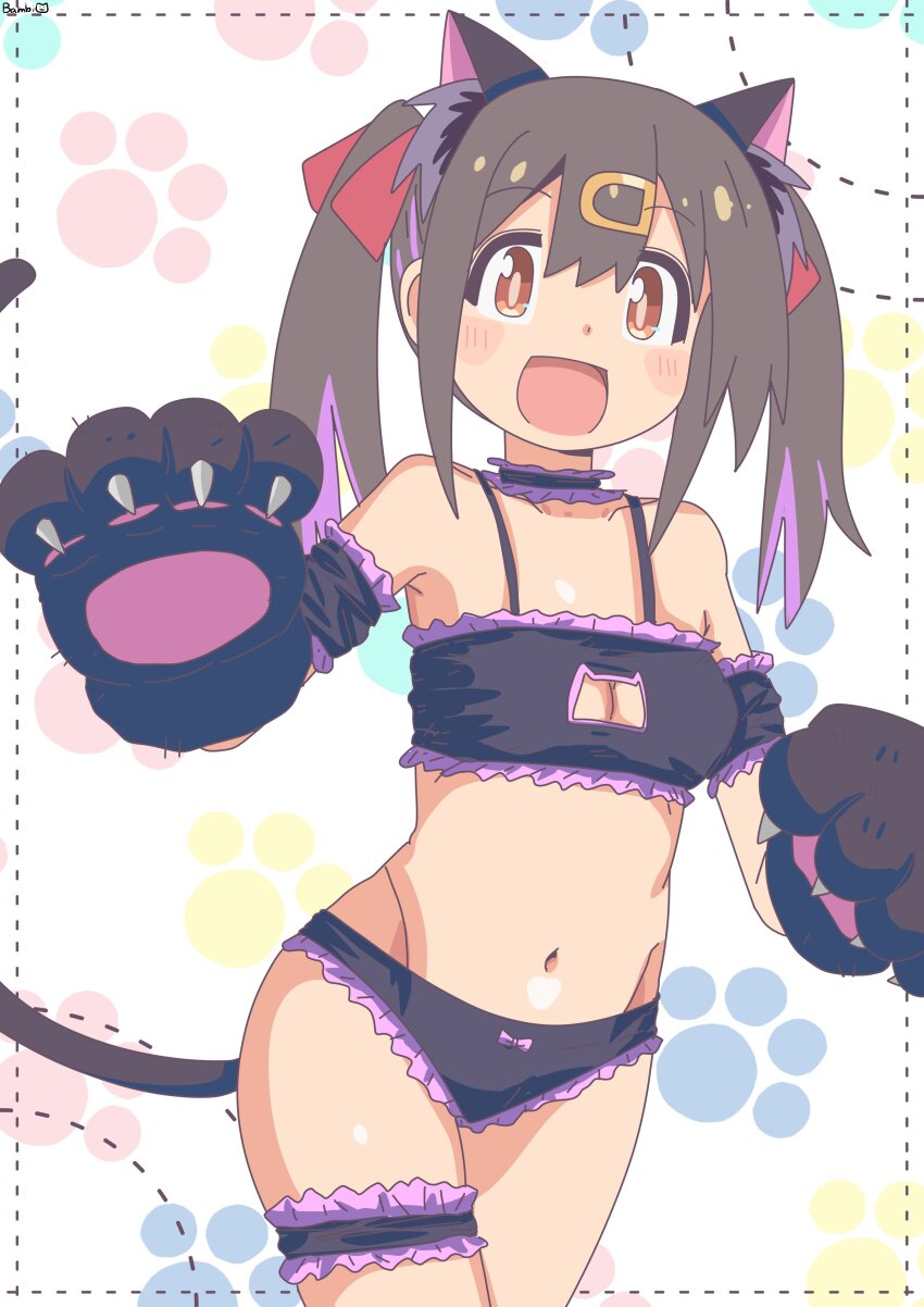 1girl absurdres animal_ear_fluff animal_ears animal_hands armpit_crease bambi2000line black_choker black_panties bra breasts brown_eyes brown_hair cat_cutout cat_ears cat_tail choker cleavage cleavage_cutout clothing_cutout commentary_request cosplay cowboy_shot frilled_bra frilled_choker frilled_panties frills gloves hair_ornament hairclip highres hip_bones lingerie medium_breasts multicolored_hair navel onii-chan_wa_oshimai! open_mouth oyama_mahiro oyama_mahiro_(cosplay) oyama_mihari panties paw_gloves petite purple_hair smile solo streaked_hair tail thigh_strap twintails two-tone_hair underwear