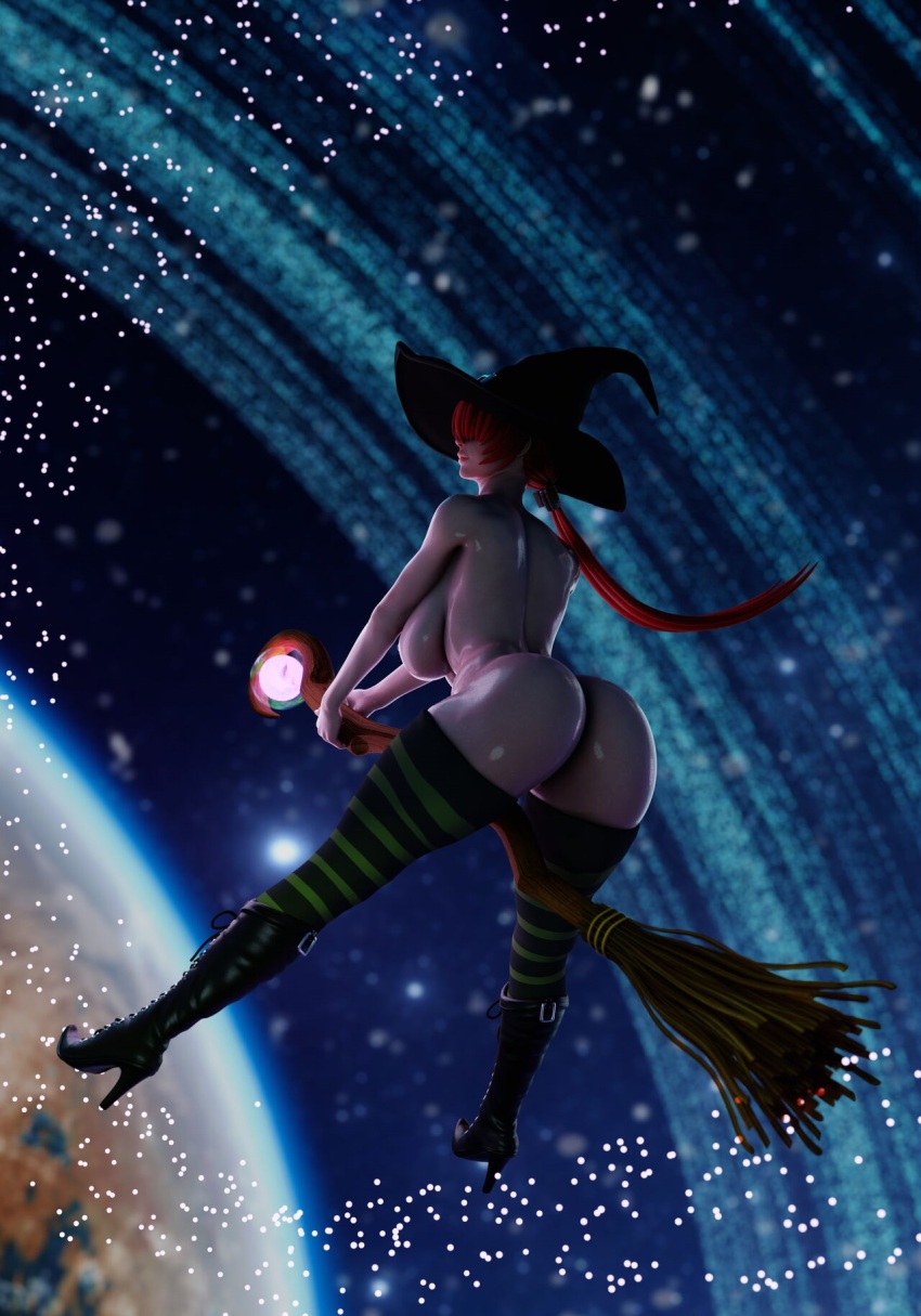 1girl 3d ass bent_over boots breasts broom broom_riding costume curvy female_focus halloween halloween_costume hat heel_up highres huge_ass large_breasts leather long_hair looking_back magical_girl pale_skin ponytail red_hair shermie_(kof) shiny_skin skyarsenic skyarsenic_(artist) socks solo the_king_of_fighters thick_thighs thighs wide_hips witch witch_hat