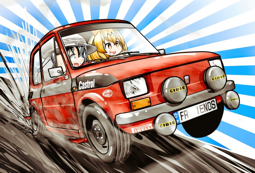 2girls :d animal_ears black_hair blonde_hair car castrol commentary_request english_text fiat fiat_126 firelli hat highres kaban_(kemono_friends) kaito_(stop404man) kemono_friends license_plate motor_vehicle multiple_girls open_mouth red_car scared serval_(kemono_friends) short_hair smile sunburst sunburst_background sweat vehicle_focus white_headwear