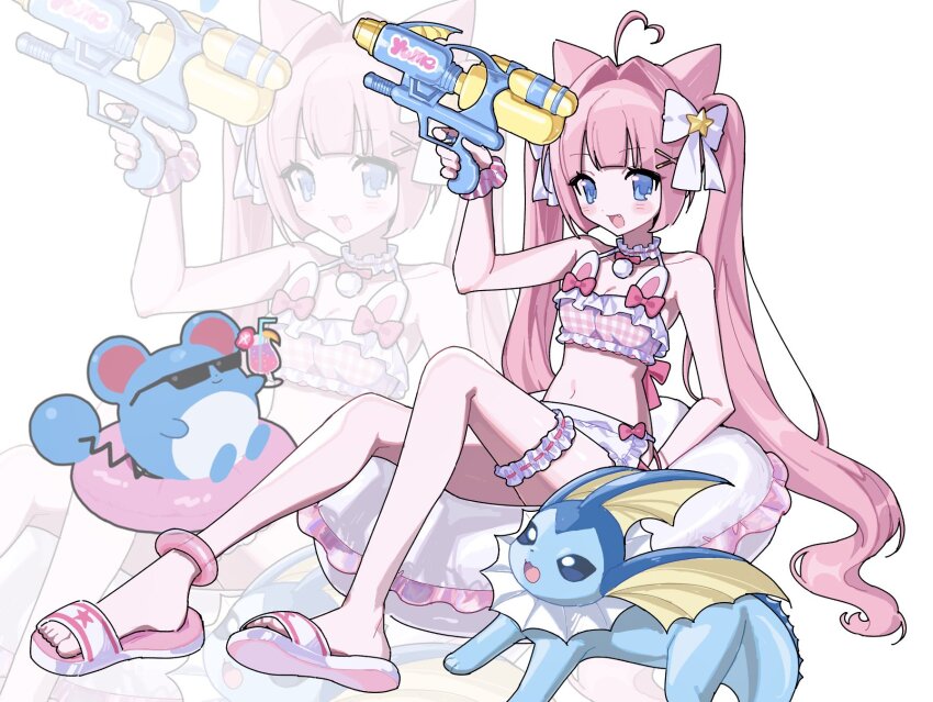 1girl 25g_lie :d ahoge animal_ears anklet bare_legs bare_shoulders belly bikini blue_eyes blunt_bangs bow cat_ears checkered_bikini checkered_clothes choker fang flip-flops frilled_bikini frilled_choker frilled_thigh_strap frills full_body gen_1_pokemon gen_2_pokemon hair_bow hair_ornament heart heart_ahoge highres holding holding_water_gun innertube jewelry long_hair marill navel nintendo no_pupils open_mouth original pink_anklet pink_bikini pink_bow pink_hair pokemon pokemon_(creature) sandals simple_background sitting smile sunglasses swim_ring swimsuit thigh_strap twintails vaporeon very_long_hair water_gun white_bow x_hair_ornament zoom_layer